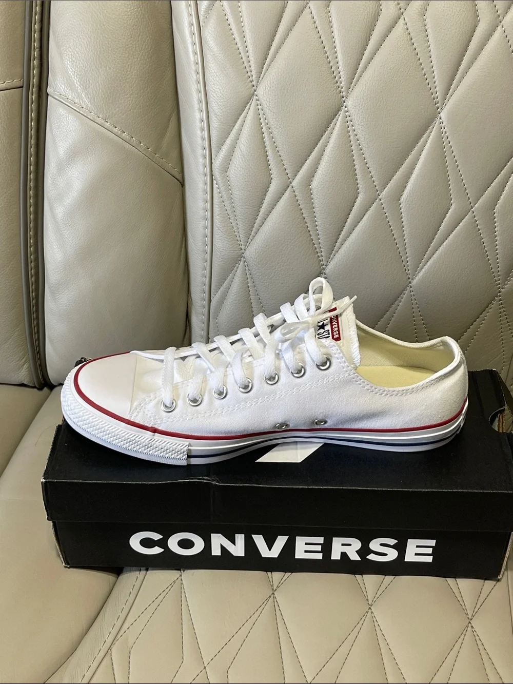 Converse White Low Top Sneakers with Red & Navy Stripes - Picture 5 of 10